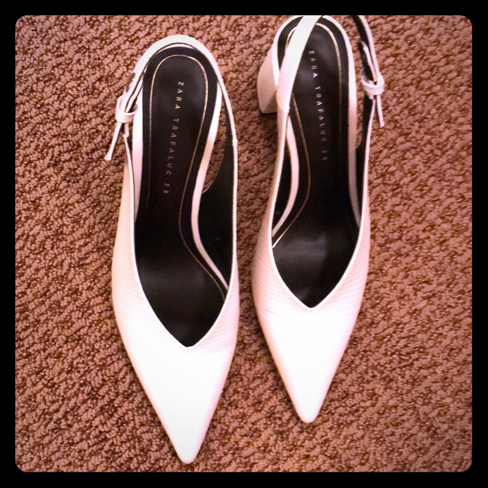 Zara White animal print sling back heel shoe 38